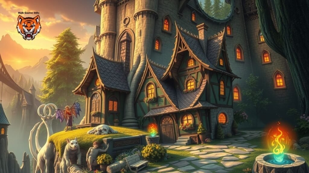 An adorable fairy-tale village with the warm house with thatched roof before a huge stone castle in the ray of setting sun. A great deal of imaginative characters, a fairy, and shining cinders make the show ratherstunning.