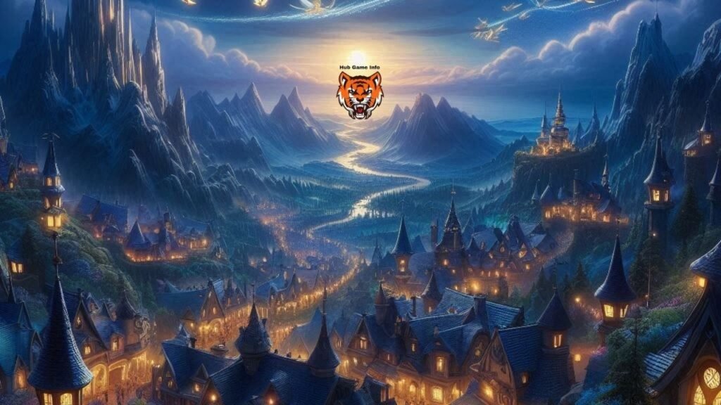 Impressive dreamlike settlement viewed at dusk with the warm light on. It consists of some thatched cottages grouped around a village green and surrounded by mountains and a curving river towards which there is a cliff on which looms a large castle.