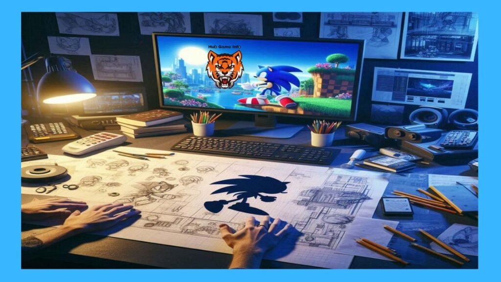 It depicts a desk with artwork and blueprints concerning the video game figure Sonic the Hedgehog all over the table. In this photograph a computer monitor shows a picture of Sonic in the forest environment, on the table stands sketches near a desk lamp. Other items of work on the desk, like pencils, rulers, and a calculator suggest a game design or game developing theme. As a whole, general lighting is low and provides a focused atmosphere; the designer(s) seen absorbed in their activities.