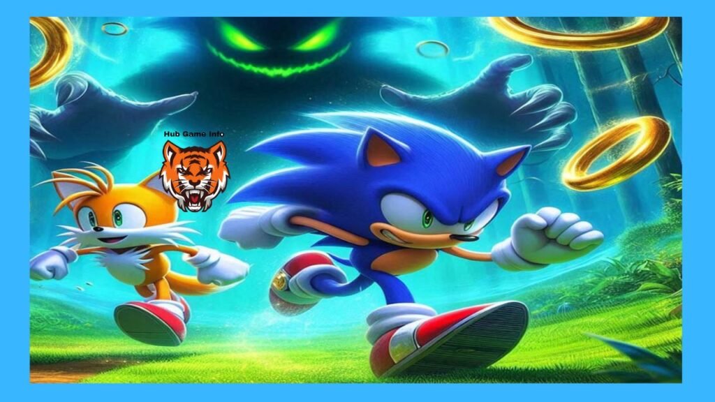 Sonic and Tails run through a beautiful yellow trees where rings also glow and in the back of the picture there is Comic ghost rising up giving a lot of energy to the picture.