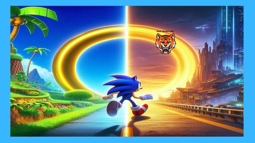 Right now Sonic is located in between two completely different environments; the left side of the poster is green meaning nature and the right side of the poster is artificial meaning a futuristic day city and enclosed in it is a golden ring.