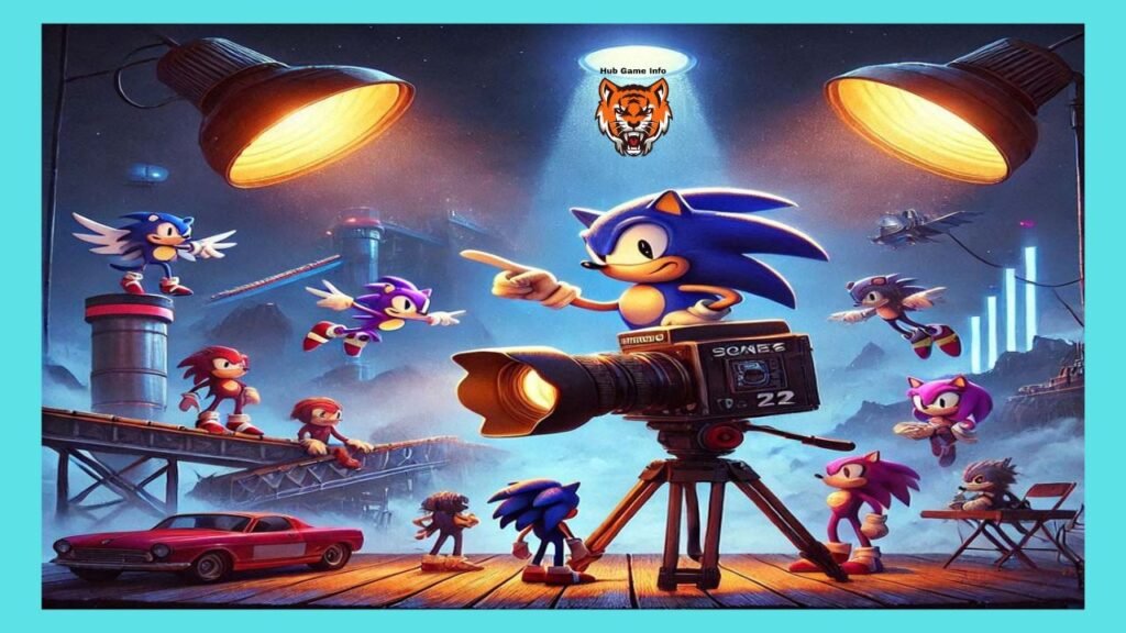 In imagination, Sonic the Hedgehog 2 working with famous coworkers such as Knuckles and Amy in a staged photoshoot with movie like light and 8-bit background.