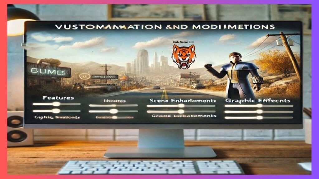 Mod manager of Fallout New Vegas showing available graphic, scene and other mods. You will see one of the characters of the game in the background.