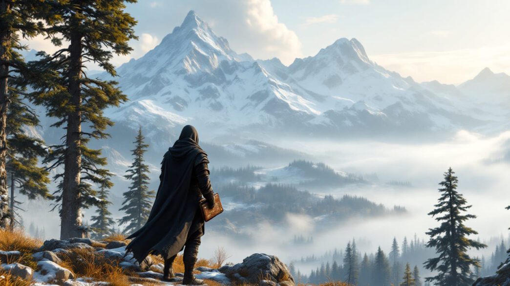 The shot reveals a troubling phantasmagoric character in an open-world fantasy landscape surveying snowy mountains which stands among the majestic upcoming worlds within PS5 games of 2025.