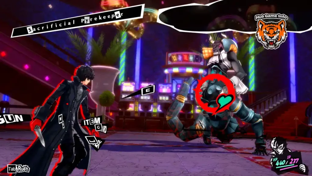 Combat scene showing Joker facing a large enemy inside the casino, with the battle interface displaying action options.