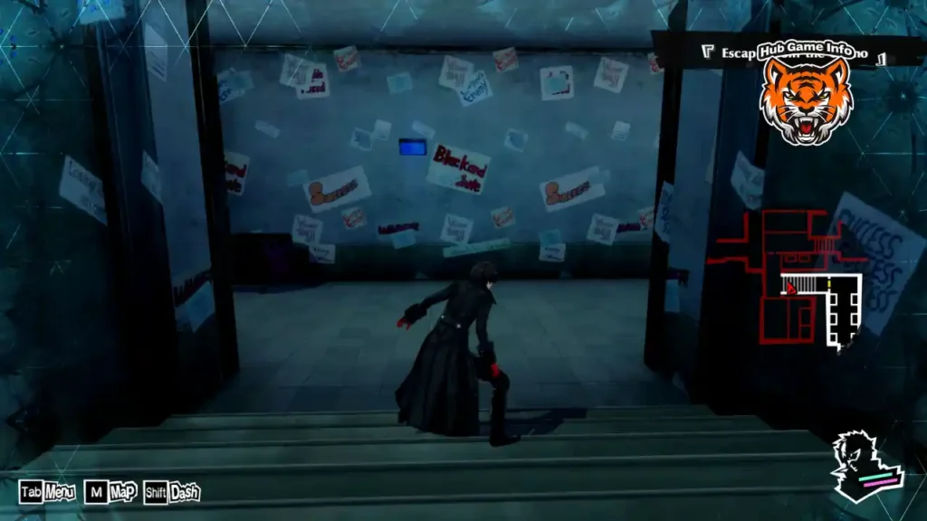 Joker descends stairs into a dim hallway covered with posters, with a mini-map showing his position during stealth.