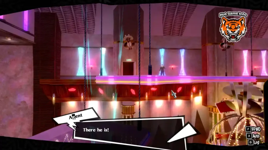 A guard spots Joker on an upper balcony inside the casino, with dialogue indicating he’s been found.