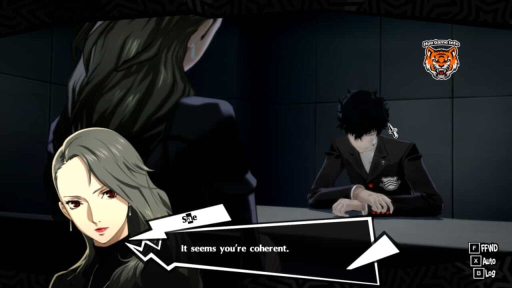 An interrogation scene where Sae Niijima questions the protagonist, Joker, in the interrogation room from Persona 5 Royal.