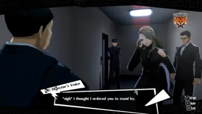 A screenshot from Persona 5 Royal showing Sae Niijima in a confrontation with the SIU Director in a narrow hallway.